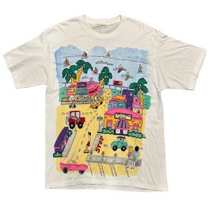 Colorful, vintage graphic beach scene tee with DIY puff paint embellishments